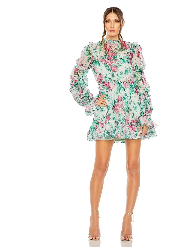 Mac Duggal 56008 Floral Long Sleeve Cocktail Mini Dress Stylish Summer Mini Dress