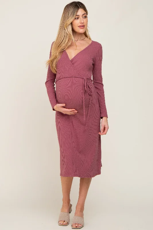 Mauve Rib Knit Long Sleeve Maternity Wrap Midi Dress Fashionable Plaid Midi Dress