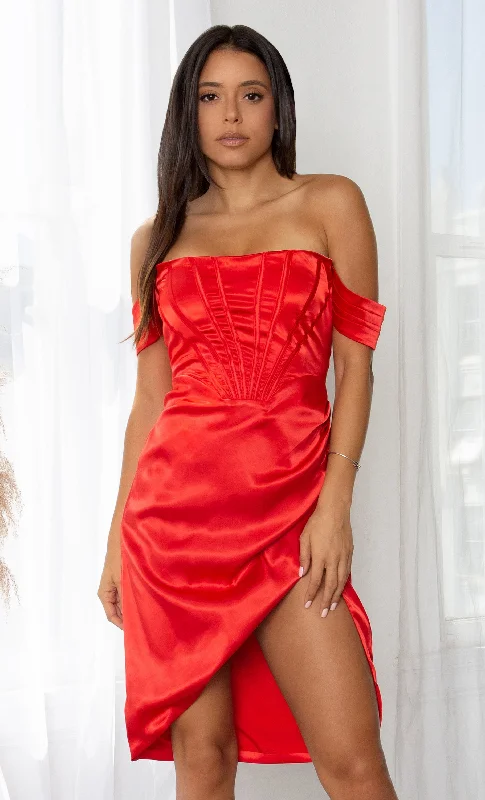 Mysterious Lover Red Satin Draped Off The Shoulder Short Sleeve Scoop Neck Cross Wrap Midi Dress Fashionable High-Low Midi Dress