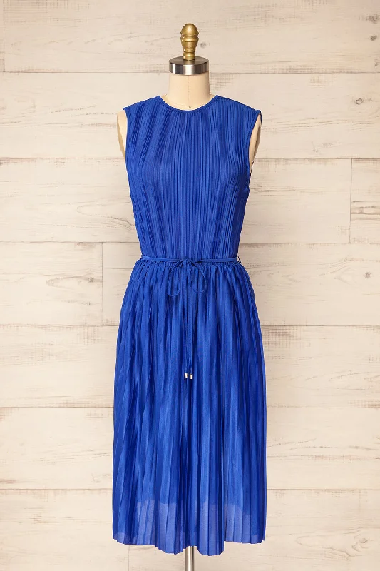 Padstow Blue | Sleeveless Pleated Midi Dress Comfortable Empire Waist Midi Dress