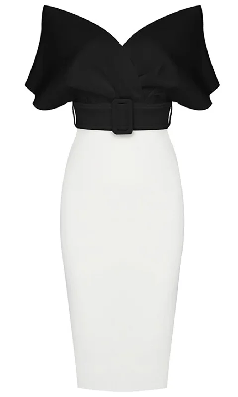 Perfectly Posh Black White Elbow Sleeve Cross Wrap V Neck Off The Shoulder Belted Bodycon Midi Dress Comfortable Knitwear Midi Dress