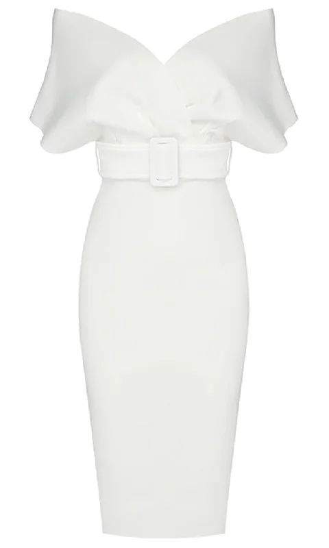 Perfectly Posh White Elbow Sleeve Cross Wrap V Neck Off The Shoulder Belted Bodycon Midi Dress Comfortable Deep V Midi Dress