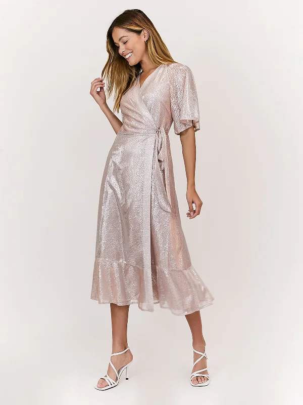 Peyton Angel Sleeve Blush Metallic Wrap Midi Dress Stylish Midi Dress with Cuffs