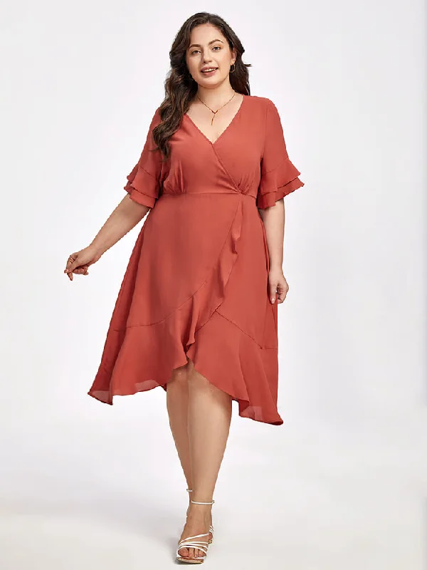 Plus Batwing Sleeve V-Neck Knot Side Wrap Midi Dress Elegant Puff Sleeve Midi Dress