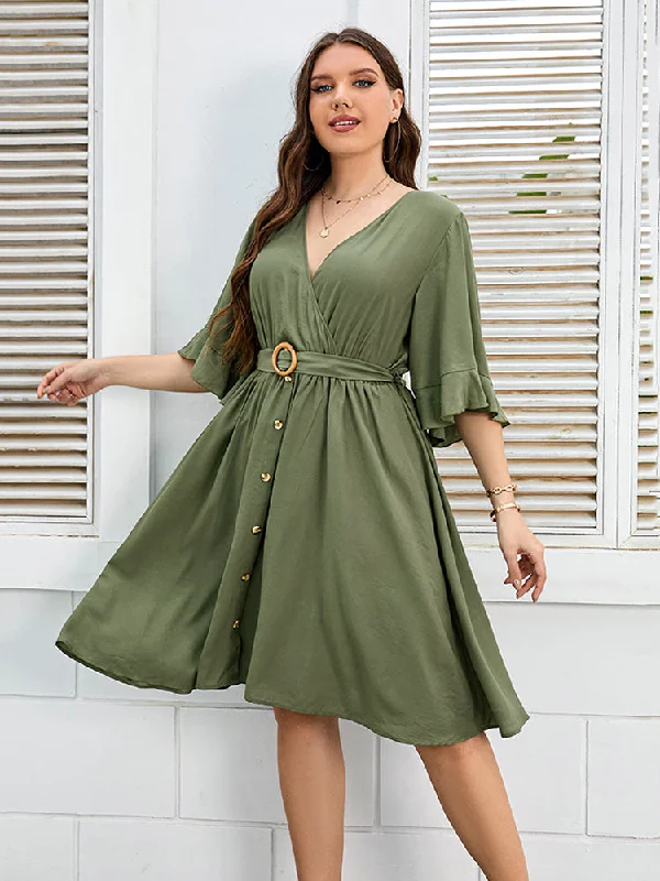 Plus Green Button Tie Back Wrap Ruffle Sleeve Midi Dress Stylish Long Sleeve Floral Midi Dress