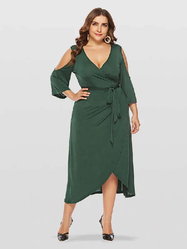 Plus Green V-Neck Cold Shoulder Wrap Ditsy Midi Dress Trendy Bodycon Midi Dress