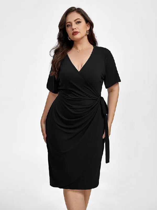 Plus Plain Crisscross Ruched Wrap Party Midi Dress Chic Off-Shoulder Midi Dress