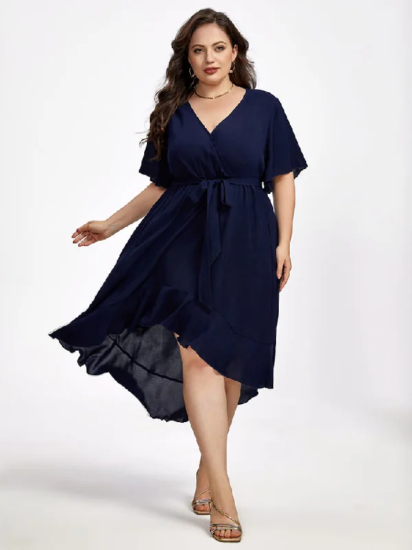 Plus Ruffle Sleeve V-Neck Knot Side Wrap Ditsy Midi Dress Comfortable Button Front Midi Dress