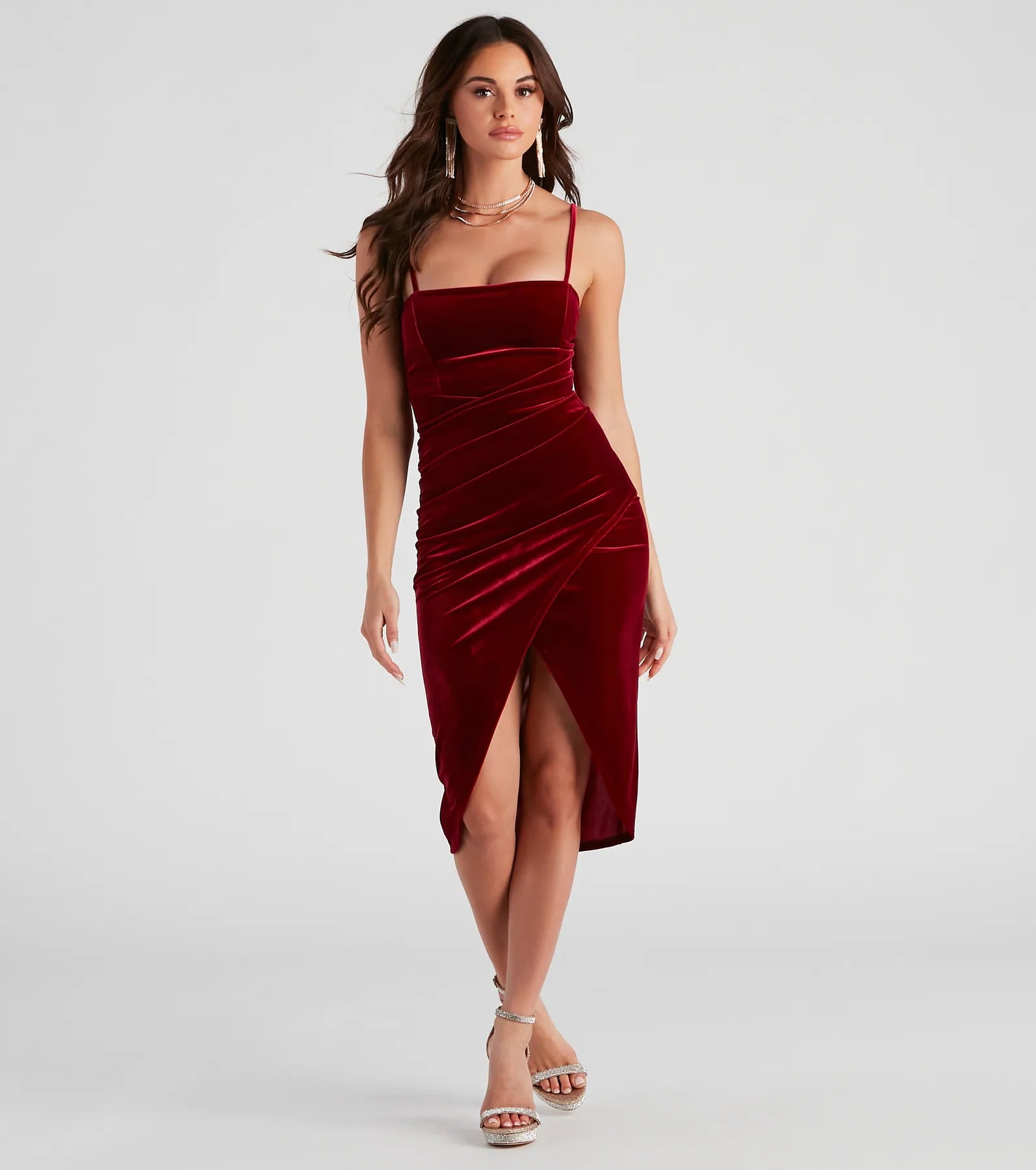 Posh Party Pleated Velvet Midi Dress Comfortable Draped Midi Dress