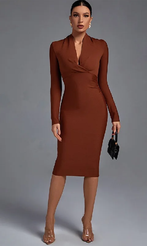 Power Player <br><span>Brown Long Sleeve Cross Wrap V Neck Bodycon Bandage Midi Dress</span> Comfortable Ribbed Midi Dress