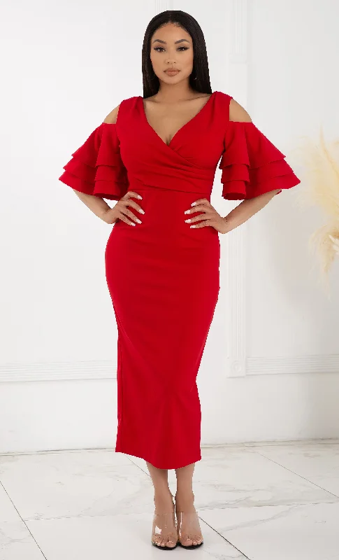 Raised Me Right Red Elbow Sleeve Ruffle Cross Wrap V Neck Cold Shoulder Bodycon Midi Dress Elegant Satin Slip Midi Dress