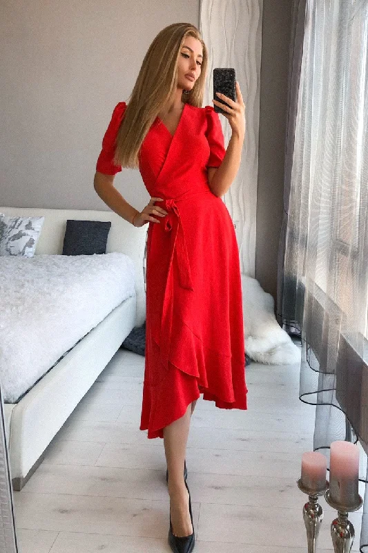 Red Wrap Short Sleeve Midi Dress Fashionable Chiffon Midi Dress