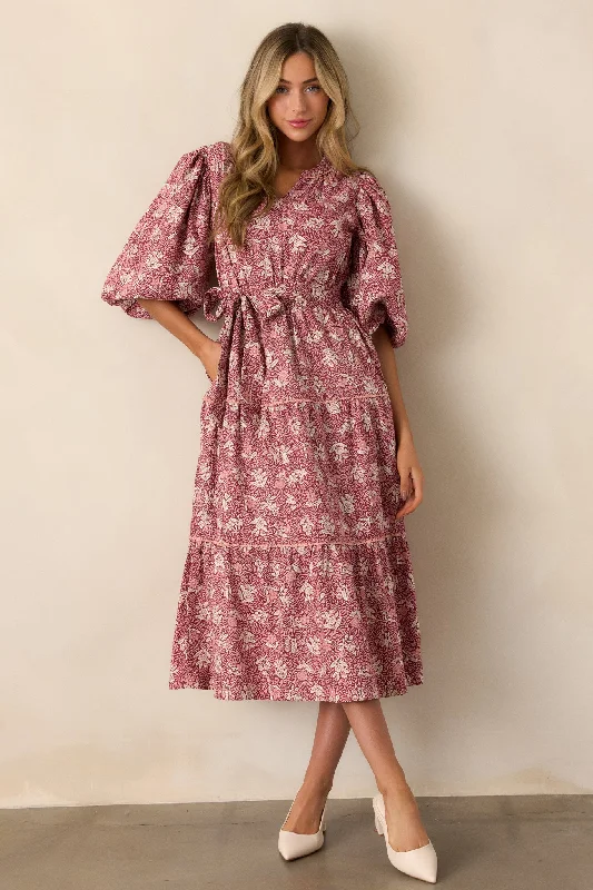 Rustic Allure 100% Cotton Dark Sangria Floral Midi Dress Fashionable A-Line Midi Dress