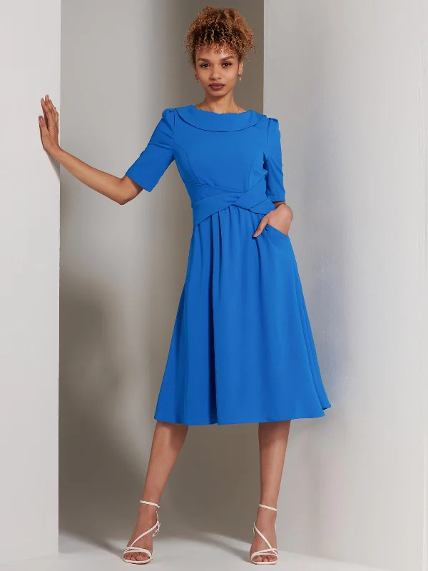 Sharon Collar Midi Dress, Blue Stylish Vintage Midi Dress