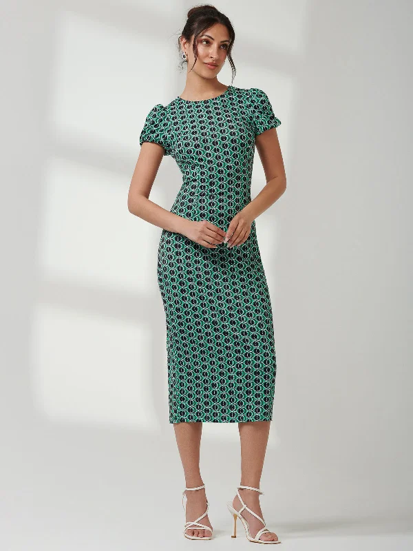 Short Sleeve Jersey Bodycon Midi Dress, Green Geo Fashionable Fitted Midi Dress