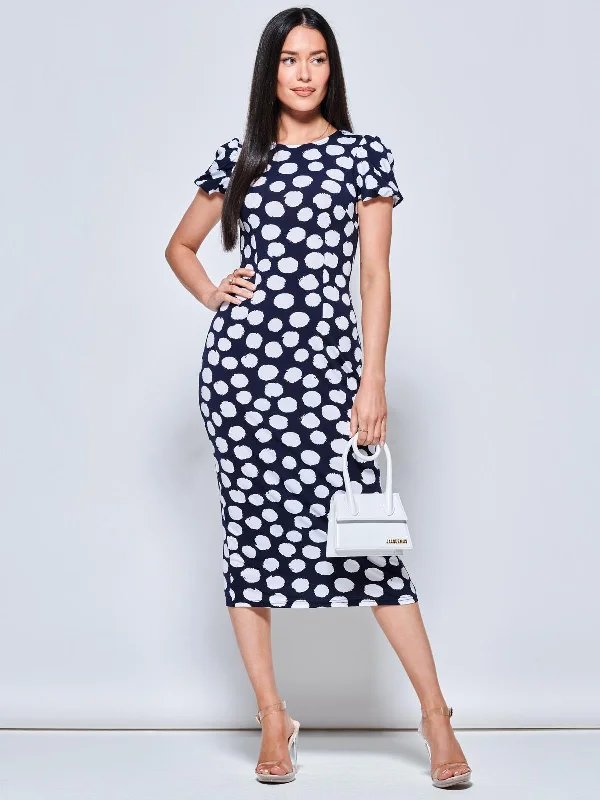 Short Sleeve Jersey Bodycon Midi Dress, Navy Polka Dot Cozy Knit Midi Dress