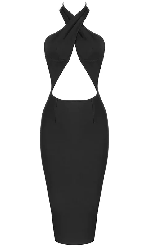 Stealing The Spotlight Black Sleeveless Wrap Halter Neck Cut Out Waist Backless Bodycon Midi Dress Comfortable Stretch Midi Dress