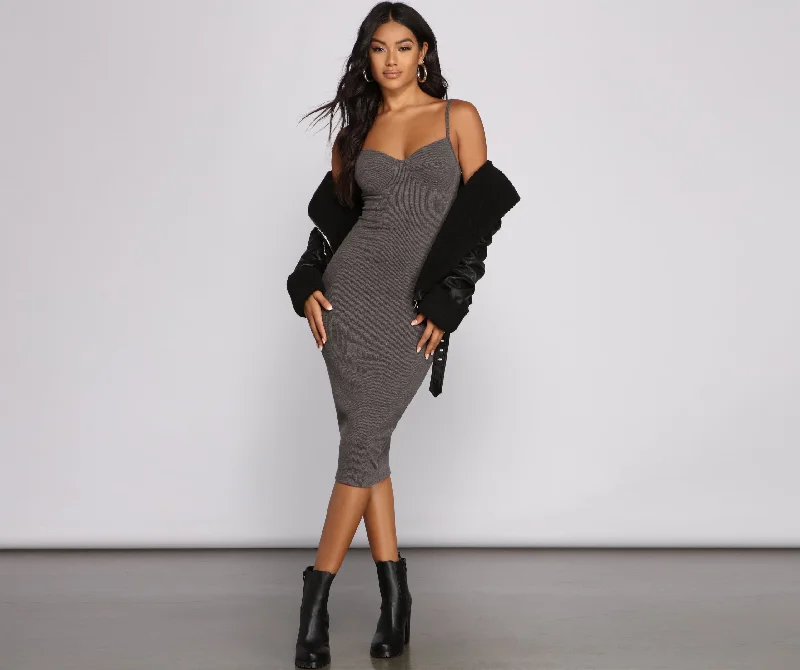 Stylish Sweetheart Ribbed Knit Midi Dress Trendy Ruffled Sleeve Midi Dress