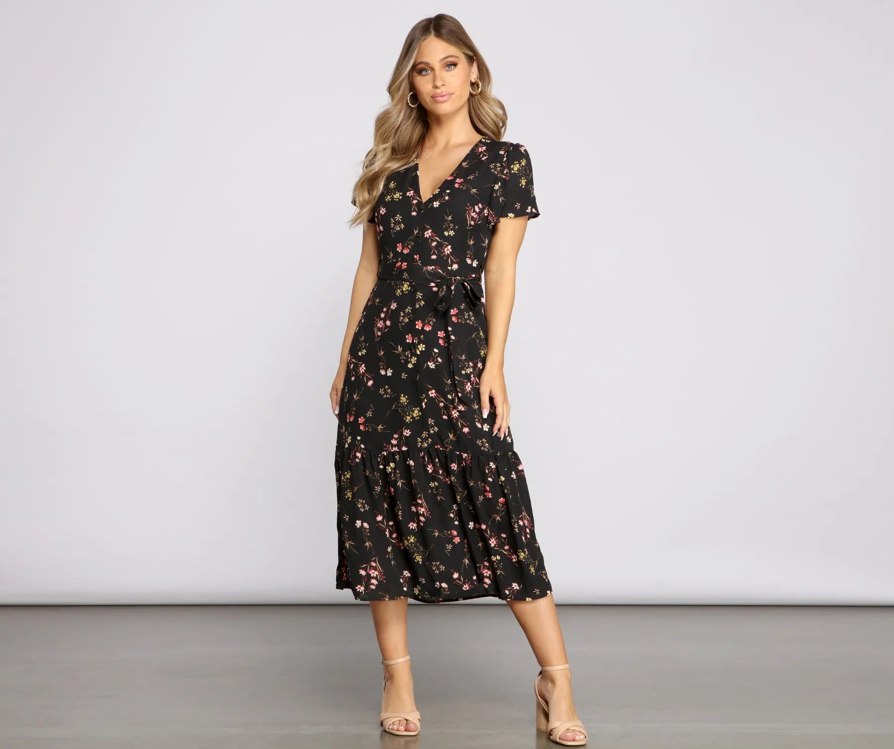 Sweet And Chic Ditsy Floral Midi Dress Trendy Ruched Side Midi Dress