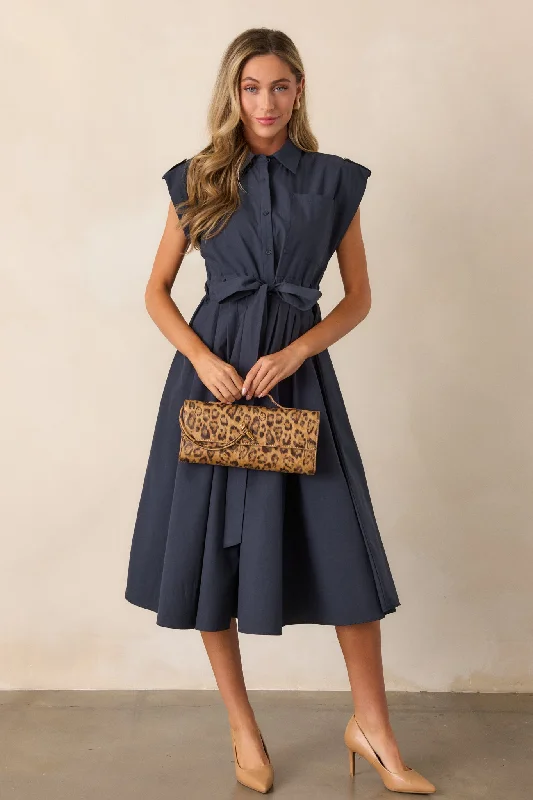 Ties To You 100% Cotton Navy Cap Sleeve Midi Dress Trendy Long Sleeve Midi Dress