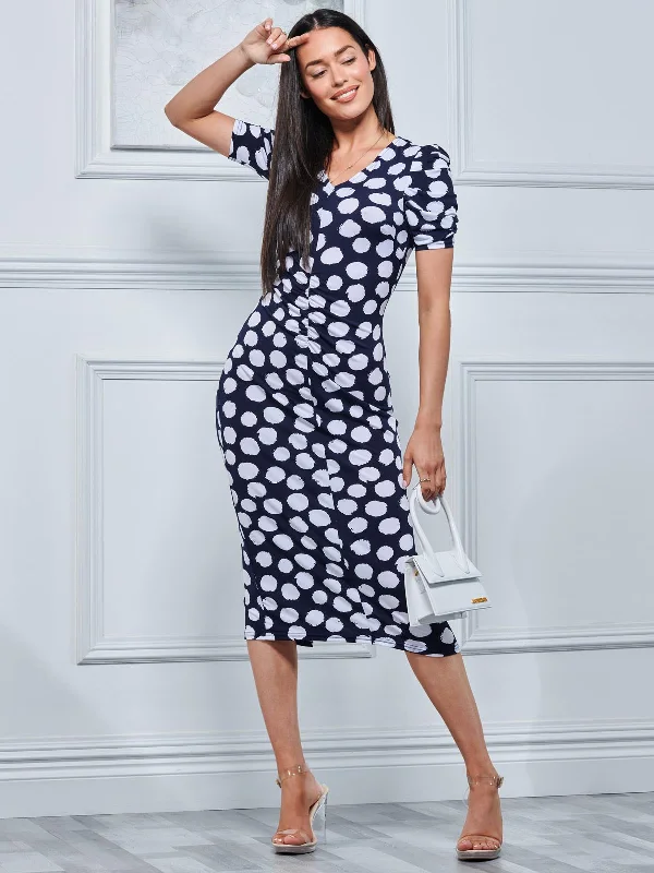 V Neck Bodycon Midi Dress, Navy Spot Fashionable A-Line Midi Dress