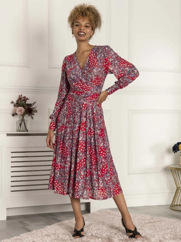 Vanessa Long Sleeve Mesh Midi Dress, Red Floral Cozy Wide Strap Midi Dress