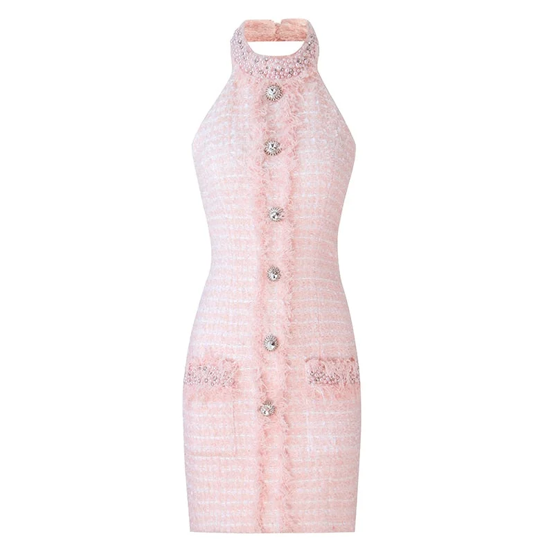 HarleyFashion Women Rhinestone Pink Tweed Backless Dress Tassel Diamonds Buttons Lady Bodycon Mini Dresses Classic Solid Mini Dress