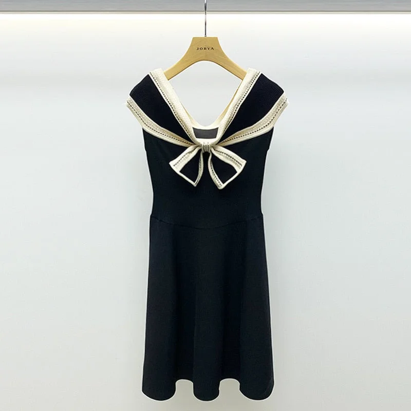 Korean Fashion Clothes Women 2022 Summer Elegant Bow A-line Mini Dress Black Knitted Vestido Feminino Cozy Ruched Mini Dress