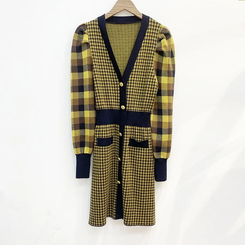 Korean Vintage Yellow Plaid Dresses for Women Designers Autumn Winter Clothes 2022 Fashion Elegant Long Sleeve Mini Dress Fashionable Off-Shoulder Mini Dress