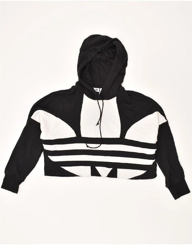 ADIDAS Womens Crop Graphic Hoodie Jumper UK 10 Small Black Cotton Hoodie with Raw Hem Edgy Unfinished ADIDAS Womens Crop Graphic Hoodie Jumper UK 10 Small Black Cotton Hoodie with Raw Hem Edgy Unfinished