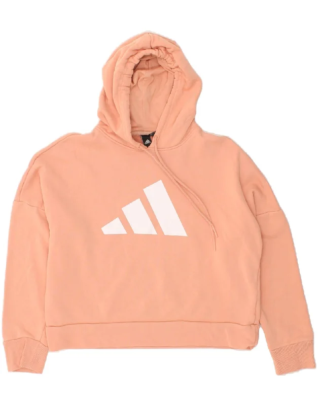 ADIDAS Womens Crop Hoodie Jumper UK 12/14 Medium Pink Cotton Hoodie with Emblem Brand Identity ADIDAS Womens Crop Hoodie Jumper UK 12/14 Medium Pink Cotton Hoodie with Emblem Brand Identity