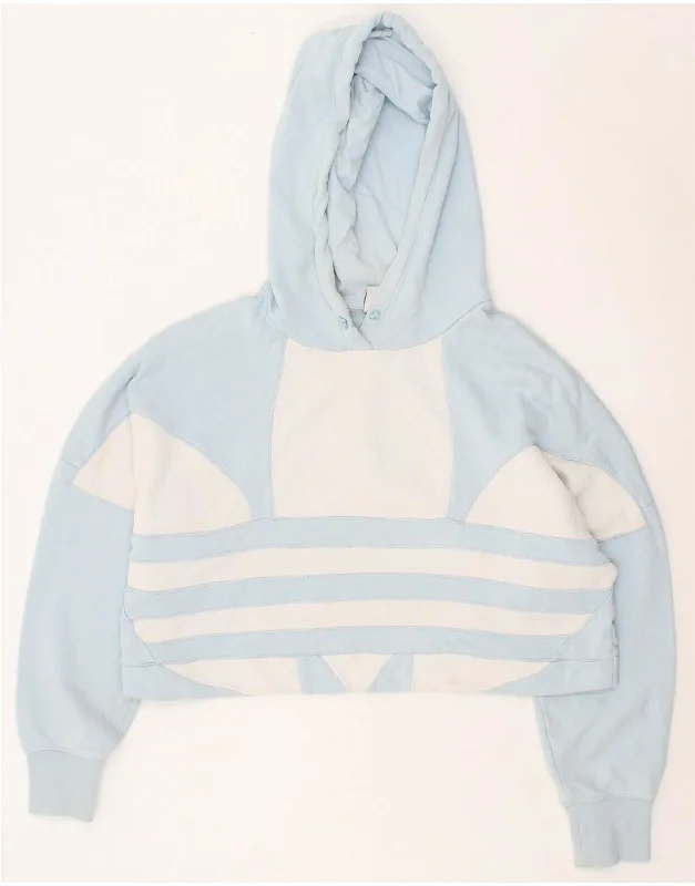 ADIDAS Womens Graphic Crop Hoodie Jumper UK 10 Small Blue Cotton Hoodie with Typography Text Message ADIDAS Womens Graphic Crop Hoodie Jumper UK 10 Small Blue Cotton Hoodie with Typography Text Message