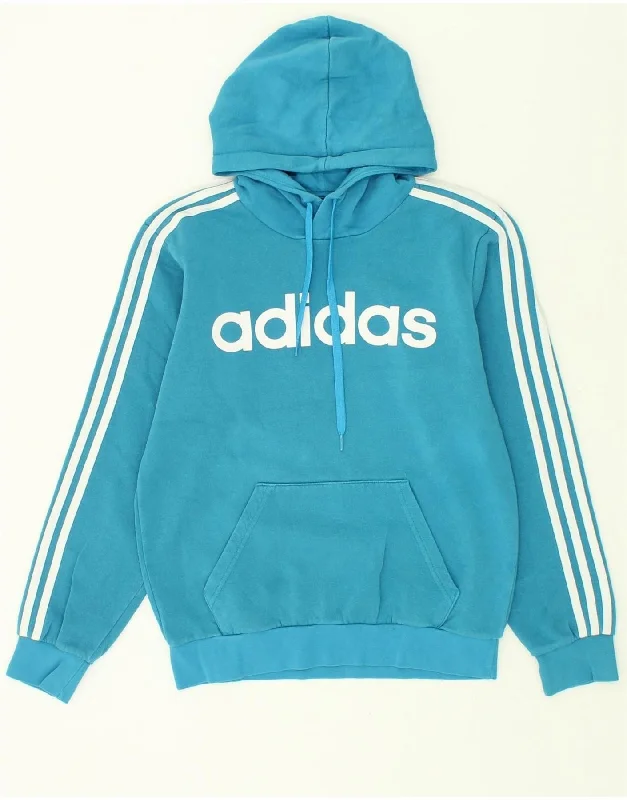 ADIDAS Womens Graphic Hoodie Jumper UK 10 Small Blue Cotton Hoodie with Hem Embroidery Detailed Premium ADIDAS Womens Graphic Hoodie Jumper UK 10 Small Blue Cotton Hoodie with Hem Embroidery Detailed Premium