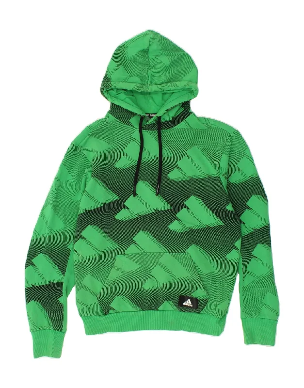 ADIDAS Womens Graphic Hoodie Jumper UK 10 Small Green Cotton Hoodie with Hem Embroidery Detailed Premium ADIDAS Womens Graphic Hoodie Jumper UK 10 Small Green Cotton Hoodie with Hem Embroidery Detailed Premium