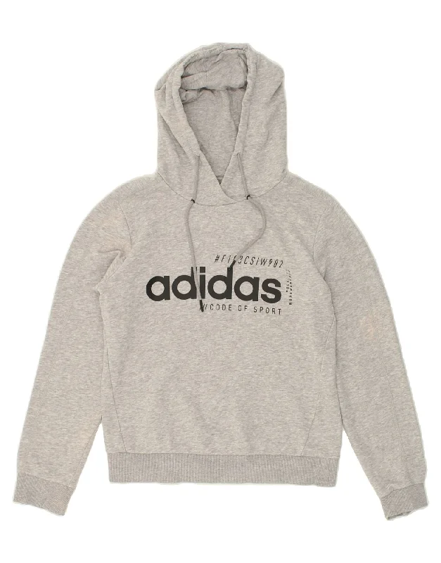 ADIDAS Womens Graphic Hoodie Jumper UK 12/14 Medium Grey Cotton Hoodie with Hem Detail Decorative Unique ADIDAS Womens Graphic Hoodie Jumper UK 12/14 Medium Grey Cotton Hoodie with Hem Detail Decorative Unique