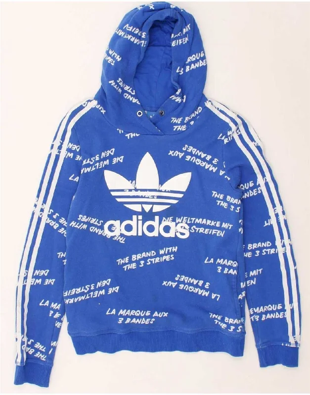 ADIDAS Womens Graphic Hoodie Jumper UK 12 Medium Blue Cotton Hoodie with Hem Ribbing Snug Secure ADIDAS Womens Graphic Hoodie Jumper UK 12 Medium Blue Cotton Hoodie with Hem Ribbing Snug Secure
