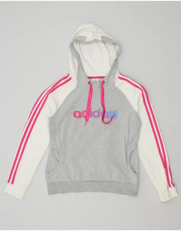 ADIDAS Womens Graphic Hoodie Jumper UK 14 Large Grey Colourblock Cotton Hoodie with Contrast Stitching Detailed Premium ADIDAS Womens Graphic Hoodie Jumper UK 14 Large Grey Colourblock Cotton Hoodie with Contrast Stitching Detailed Premium