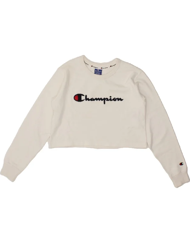 CHAMPION Womens Crop Graphic Sweatshirt Jumper UK 6 XS White Cotton Hoodie with Rhinestones Sparkly Elegant CHAMPION Womens Crop Graphic Sweatshirt Jumper UK 6 XS White Cotton Hoodie with Rhinestones Sparkly Elegant
