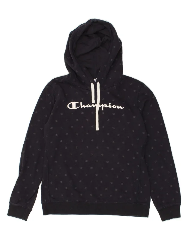 CHAMPION Womens Graphic Hoodie Jumper UK 16 Large Navy Blue Hoodie with Strings Custom Fit Adjustable CHAMPION Womens Graphic Hoodie Jumper UK 16 Large Navy Blue Hoodie with Strings Custom Fit Adjustable