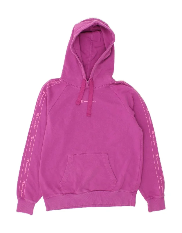 CHAMPION Womens Graphic Hoodie Jumper UK 16 Large Pink Cotton Hoodie with Hem Frayed Vintage Worn CHAMPION Womens Graphic Hoodie Jumper UK 16 Large Pink Cotton Hoodie with Hem Frayed Vintage Worn