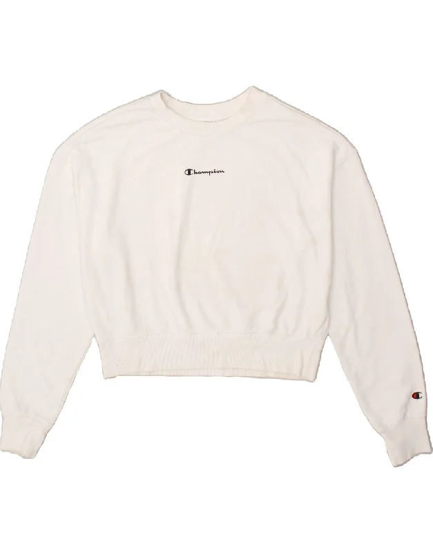 CHAMPION Womens Oversized Crop Sweatshirt Jumper UK 14 Medium White Cotton Hoodie with Hem Detail Decorative Unique CHAMPION Womens Oversized Crop Sweatshirt Jumper UK 14 Medium White Cotton Hoodie with Hem Detail Decorative Unique