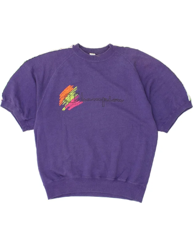 CHAMPION Womens Short Sleeve Graphic Sweatshirt Jumper UK 10 Small Purple Hoodie with High-Low Hem Asymmetrical Trendy CHAMPION Womens Short Sleeve Graphic Sweatshirt Jumper UK 10 Small Purple Hoodie with High-Low Hem Asymmetrical Trendy