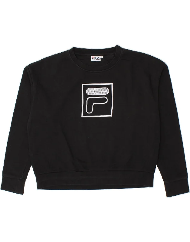 FILA Womens Graphic Sweatshirt Jumper UK 10 Small Black Cotton Hoodie with Front Slit Layering Stylish FILA Womens Graphic Sweatshirt Jumper UK 10 Small Black Cotton Hoodie with Front Slit Layering Stylish