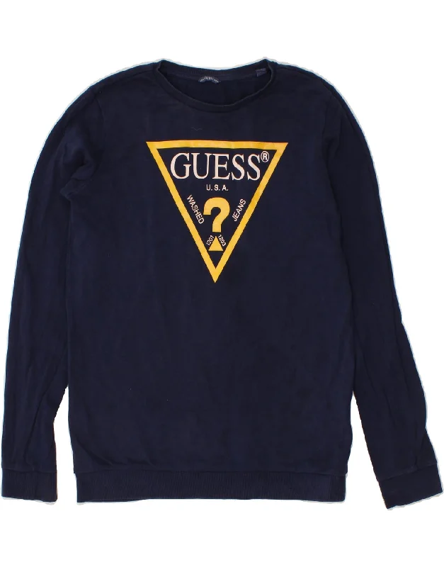 GUESS Womens Graphic Sweatshirt Jumper UK 18 XL Navy Blue Hoodie with Exposed Zipper Edgy Industrial GUESS Womens Graphic Sweatshirt Jumper UK 18 XL Navy Blue Hoodie with Exposed Zipper Edgy Industrial