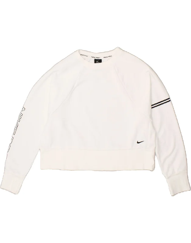 NIKE Womens Dri Fit Crop Graphic Sweatshirt Jumper UK 14 Medium White Hoodie with Hem Lace Feminine Delicate NIKE Womens Dri Fit Crop Graphic Sweatshirt Jumper UK 14 Medium White Hoodie with Hem Lace Feminine Delicate