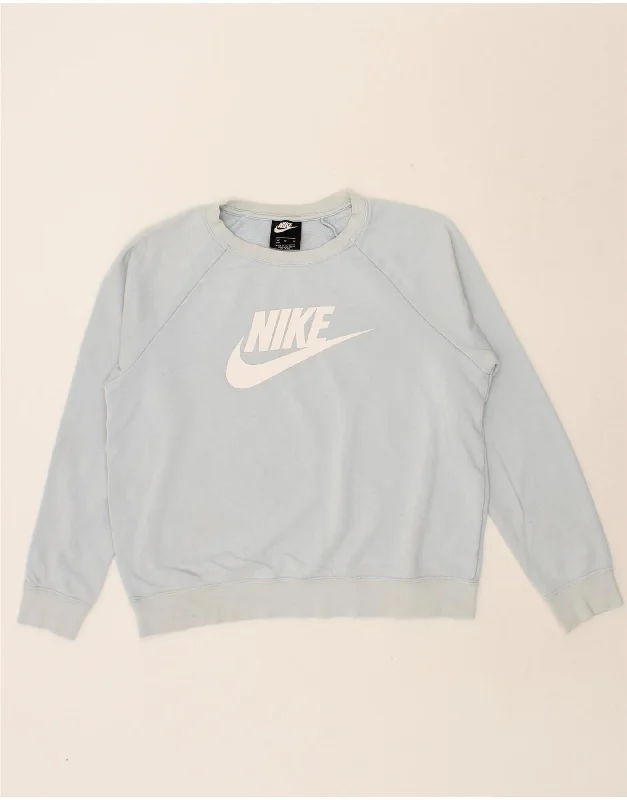 NIKE Womens Oversized Graphic Sweatshirt Jumper UK 14 Medium Blue Cotton Hoodie with Zipper Placket Modern Functional NIKE Womens Oversized Graphic Sweatshirt Jumper UK 14 Medium Blue Cotton Hoodie with Zipper Placket Modern Functional