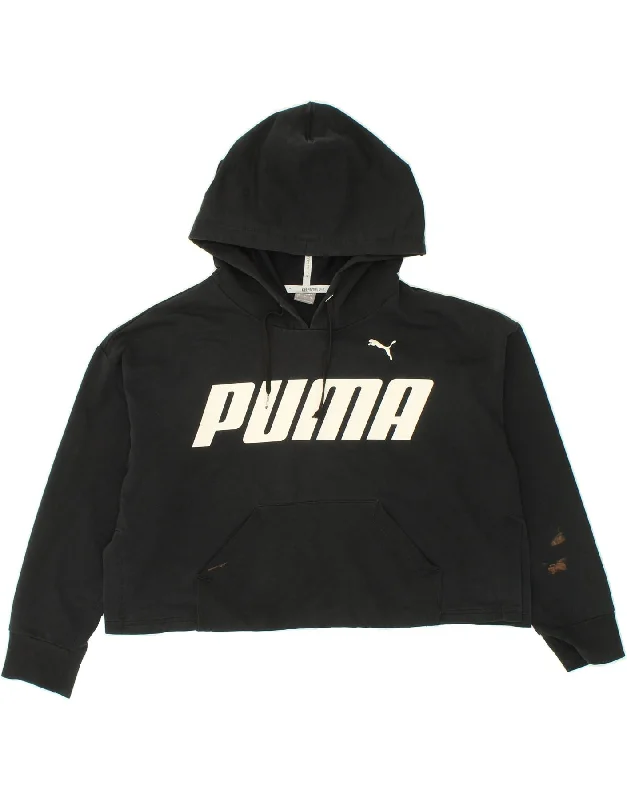 PUMA Womens Crop Graphic Hoodie Jumper UK 16 Large Black Cotton Hoodie with Belted Waist Structured Tailored PUMA Womens Crop Graphic Hoodie Jumper UK 16 Large Black Cotton Hoodie with Belted Waist Structured Tailored