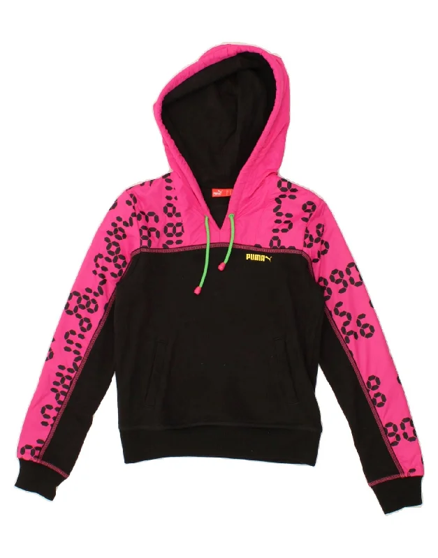 PUMA Womens Graphic Hoodie Jumper UK 10 Small Black Colourblock Cotton Hoodie with Color Block Contrast Stylish PUMA Womens Graphic Hoodie Jumper UK 10 Small Black Colourblock Cotton Hoodie with Color Block Contrast Stylish