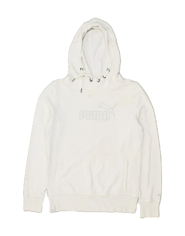 PUMA Womens Graphic Hoodie Jumper UK 12 Medium White Hoodie with Slit Hem Functional Movement