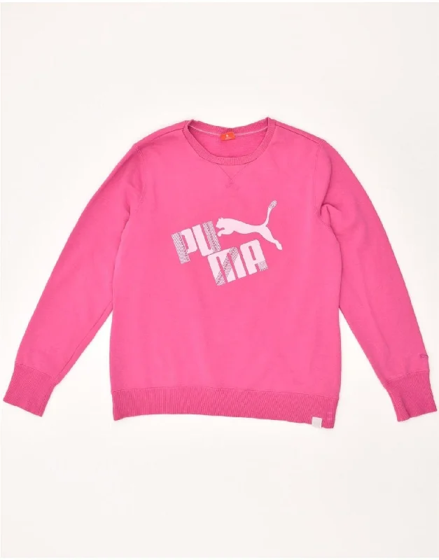 PUMA Womens Graphic Sweatshirt Jumper UK 14 Large Pink Hoodie with Distressed Vintage Worn PUMA Womens Graphic Sweatshirt Jumper UK 14 Large Pink Hoodie with Distressed Vintage Worn